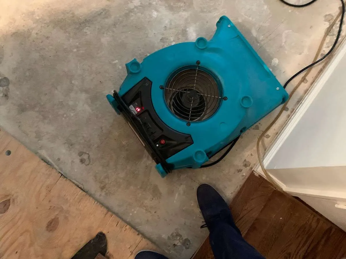 Air mover drying subfloor during Leak Detection & Repair in Scotch Plains
